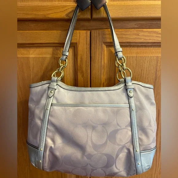 Gold Coach signature jacquard handbag purse with leather trim and double straps. - Picture 4 of 9